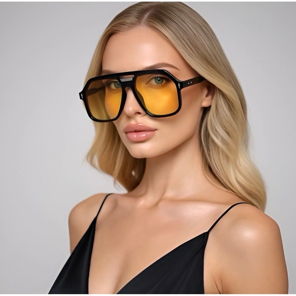 Oversized Square Aviator Sunglasses Black Flat Top Orange Gradient Lens Retro